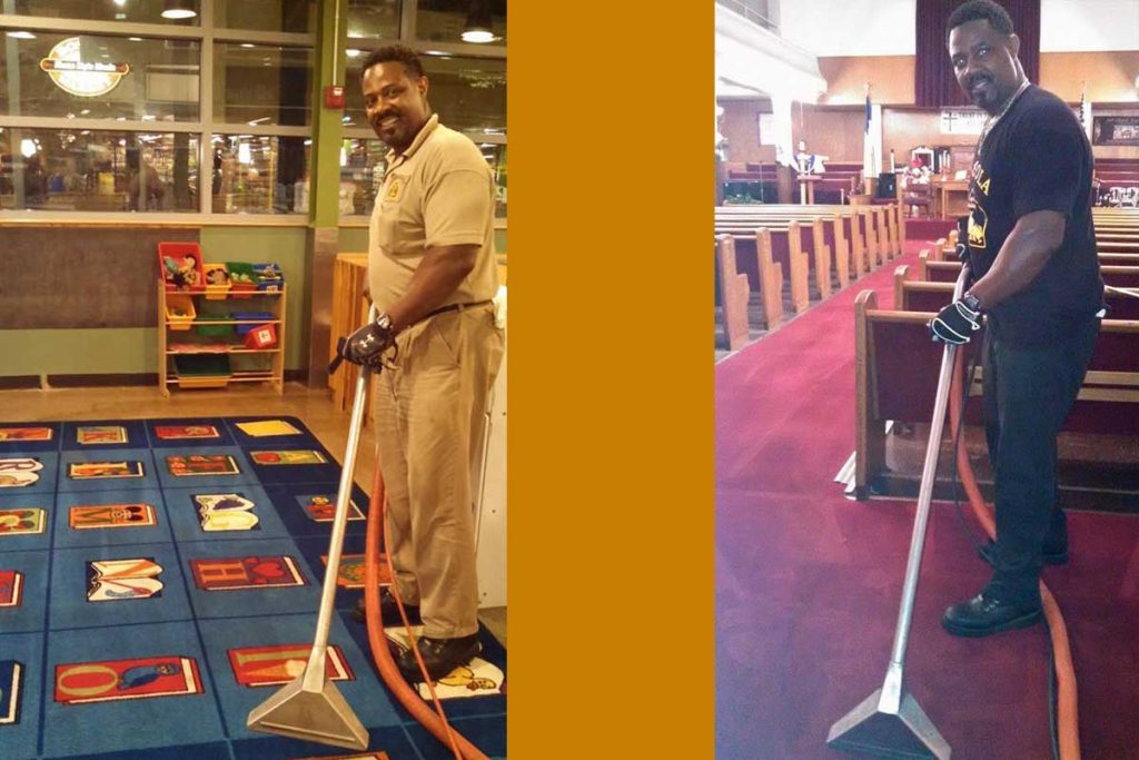 Professional carpet cleaning technician removing stains with safe cleaning equipment